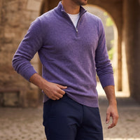 Herren-Strickpullover mit Viertelreißverschluss in Violettmeliert
