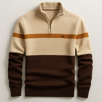 Herren-Strickpullover mit Viertelreißverschluss und Colorblock-Design in Braun Creme