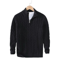 Herren Strickpullover mit Zopfmuster und Stehkragen in Schwarz