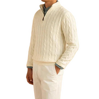 Herren Strickpullover mit Zopfmuster und Stehkragen in Beige