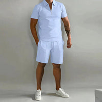 Herren Zweiteiliges Set Poloshirt mit Reißverschluss und kurze Hose in Hellblau