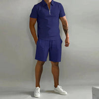Herren Zweiteiliges Set Poloshirt mit Reißverschluss und kurze Hose in Marineblau