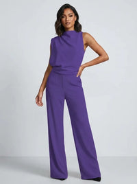 Damen Hochkragen Ärmelloser Jumpsuit mit Weitem Bein und Taschen in Lila