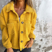 Laura | Damen Casual Knöpfen Herbst Teddyjacke in Gelb