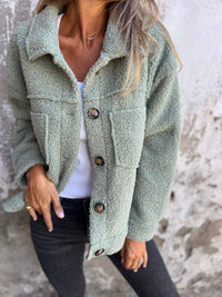 Carina | Damen Herbst Knöpfen Teddyjacke in Grün