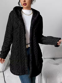 Elegant Hooded Jacquard Plush Cardigan in Schwarz