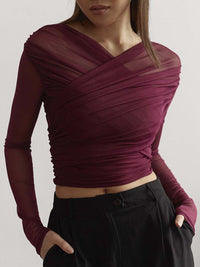 Damen Überkreuzte Front Lang Shirt in Bordeaux