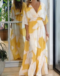 Kleid Mit Floralem Druck Und Kontrastdetails Für Frauen | Ideal Für Festliche Und Formelle Anlässe in Gelb