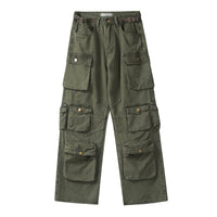 Men's Vintage Washed Loose Straight Multi-Pocket Cargo Pants in Armeegrün