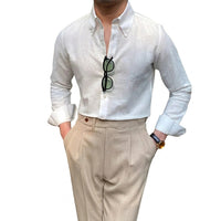 Langarm-Leinenhemd mit Button-Down-Kragen für Herren in Weiß