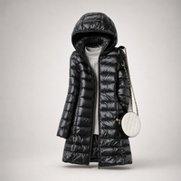 Lange Damen-Steppjacke mit Kapuze in Schwarz