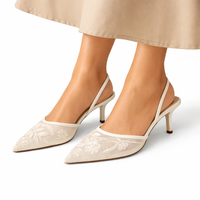 Leandra | Damen Bestickte Slingback Pumps mit spitzer Zehenpartie in Weiß