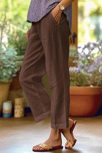 Leinen Verkürzte Damen-Hose mit geradem Bein und Umschlag in Braun