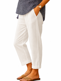 Leinen Verkürzte Damen-Hose mit geradem Bein und Umschlag in Weiß