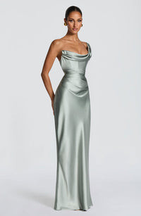 Leni | Damen Figurbetontes One-Shoulder Satin Abendkleid in Grau