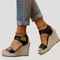 Linnea | Damen Plateau Sandalen mit Keilabsatz und Knöchelriemen in Schwarz