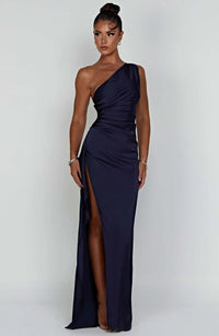 Lysandra | Damen One-Shoulder Abendkleid mit Schlitz in Marineblau