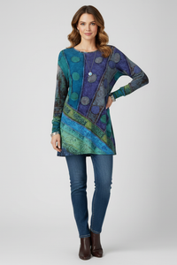 Magdalena | Damen Langarm Tunika mit Patchwork Muster in Blau