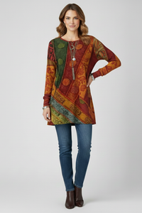 Magdalena | Damen Langarm Tunika mit Patchwork Muster in Grün