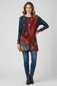 Magdalena | Damen Langarm Tunika mit Patchwork Muster in Rot