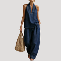 Meret | Damen Neckholder Zweiteiler Set Weite Hose in Marineblau