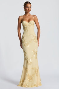 Melissa - Floral Besticktes Korsett Meerjungfrau Maxi Kleid in Gelb