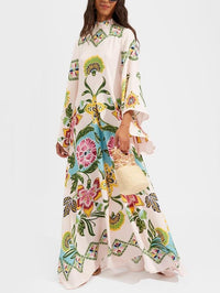 Noelle | Damen Langarm Floral Maxi Kleid in Creme