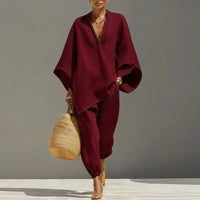 Octavia | Damen Oversize Tunika Zweiteiler Set in Weinrot