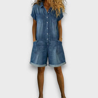 Sofía | Kurze Vintage-Latzhose aus Baumwolle im Denim-Look in Blau