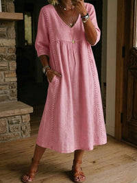 Frieda | Locker fallendes Midi-Kleid aus Leinen – Bequem & stilvoll mit Taschen in Rosa