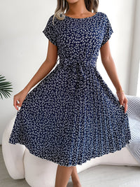 Caitlin | Plissee Blumenmuster Kleid in Marineblau