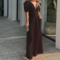 Roswitha | Damen V-Ausschnitt Puffärmel Jumpsuit in Braun
