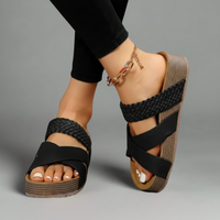 Damen Sandalen Geflochtenem Riemen Keilabsatz Alltag in Schwarz