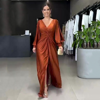 Women's Glossy Flowy Solid Color Floor-Length Dress in Orange