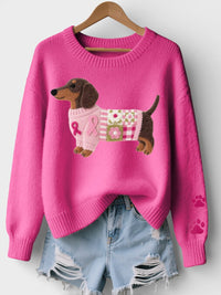 Lena | Damen Pullover gemütlich mit Dackelprint in Rosa