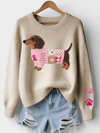 Lena | Damen Pullover gemütlich mit Dackelprint in Beige