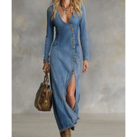 Langärmliges Maxikleid mit V-Ausschnitt für Damen – Elegant, Bequem & Figurbetont in Blau