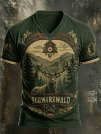 Herren-T-Shirt im Schwarzwald-Vintage-Stil mit V-Ausschnitt in Grün