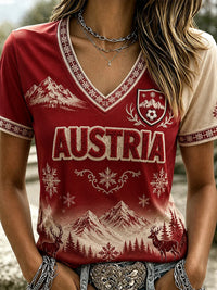 Damen-T-Shirt mit Fußballmotiv aus Österreich, lässiger V-Ausschnitt in Weinrot
