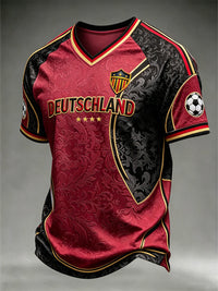 Herren-T-Shirt mit kontrastfarbenem Design, Fußball-Element-Muster und V-Ausschnitt in Schwarz-Rot