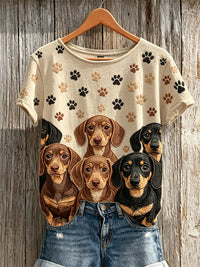 Damen schöne Dackel Hunde & Pfoten Prints Muster Print Kurzarm T-Shirt in Beige
