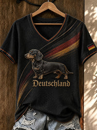 Damen-T-Shirt mit Dackelmotiv und V-Ausschnitt in Schwarz