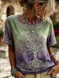 Damen Vintage Viking Tree Of Life Keltischer Druck Kurzarm-T-Shirt aus Leinen in Lila