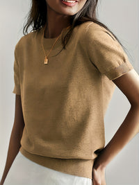 Sunniva | Damen Kurzarm Strickpullover Rundhals in Beige
