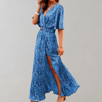 Theodoline | Damen Wickelkleid mit V-Ausschnitt Langarm in Blau