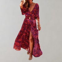 Theodoline | Damen Wickelkleid mit V-Ausschnitt Langarm in Rot