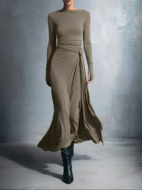 Emma | Damen Maxikleid mit seitlichem Knoten in Khaki