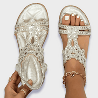 Verzierte T-Riemen-Sandalen für Damen in Silber