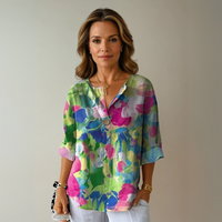Adina | Damen Blumenmuster Bluse Knotenverschluss – Knotenbluse Floral Sommer 2026 in Grün - Rosa