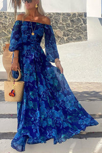 Isla | Florales Damen-Maxikleid mit schulterfreiem Design für Hochzeiten und Abendveranstaltungen in Blau